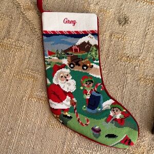 Golfing Santa and Elves needlepoint Christmas Stocking